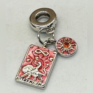 Sterling Silver “Strength” Tarot Card Dangle Charm–Leo Zodiac, Pink Enamel, S925
